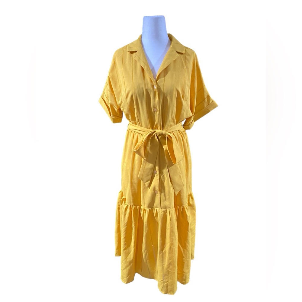 Tahari ASL Yellow Belted Ruffle Dress With‎ Pockets - Picture 3 of 7